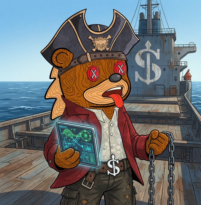 A cartoon bear dressed as a pirate with "X" eyes holds a futuristic tablet on a ship deck featuring a large "$" symbol.