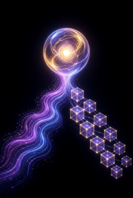 A digital artwork depicting a glowing purple and blue energy sphere that flows downward into a stream of connected cubes with golden interiors, set against a black background.