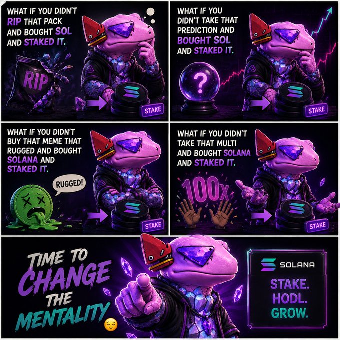 A comic-style promotional graphic for Solana cryptocurrency, featuring a purple lizard character wearing sunglasses, with panels asking 'WHAT IF YOU DIDN'T RIP THAT PACK AND BOUGHT SOL AND STAKED IT' and similar questions, ending with 'TIME TO CHANGE THE MENTALITY' and 'STAKE. HODL. GROW.'