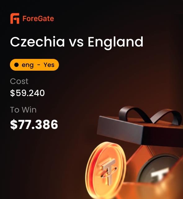 A ForeGate trading slip shows a successful bet on the Czechia vs England match, where a trader wagered $59.24 on England to win for a payout of $77.38, illustrating the AI copy trading feature mentioned in the post.
