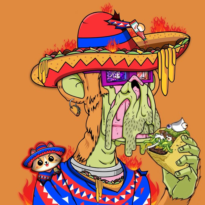 A cartoon illustration of a melting green character wearing a sombrero and poncho, eating a burrito, with a small cat beside him.