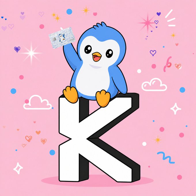 A cartoon penguin character sitting on top of a large 3D letter "K" against a pink background decorated with hearts, stars, and clouds, holding up a small card or note.