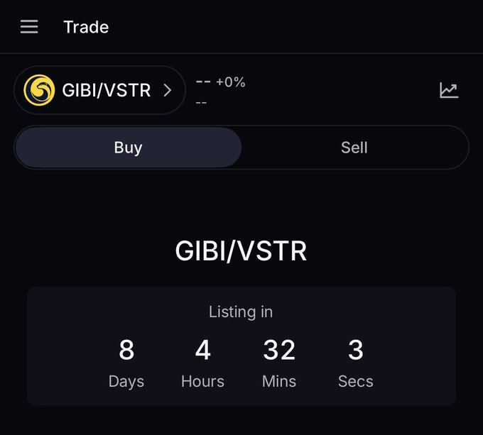 The image shows a trading interface displaying the GIBI/VSTR pair with a "Buy/Sell" toggle and a countdown timer indicating the listing begins in 8 days, 4 hours, 32 minutes, and 3 seconds. This relates to the post by visually teasing the imminent launch of the GIBI ecosystem products, with the ticking countdown building anticipation among those awaiting the listing.