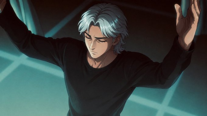 An anime-style figure with silver hair in a black long-sleeve shirt holds his arms up as if bearing a great weight, evoking the post's tribute to someone carrying Solana on their shoulders. The dramatic pose and intense lighting reinforce the humorous, reverent tone of the message praising the influencer for reigniting the bull run.