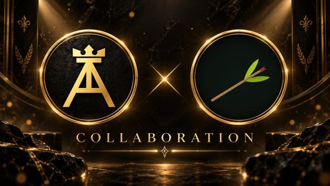 A promotional graphic displaying the words 'COLLABORATION' between two golden circular emblems, one featuring a stylized 'A' with a crown and the other showing a green leaf design.