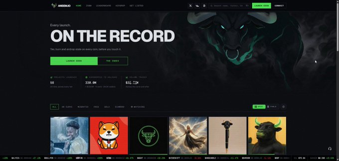 The image shows the ansem.io website homepage featuring a bullish mascot and the tagline "Every launch ON THE RECORD," with stats showing 58 projects launched, 330.0M subscribed to volumes, and $30.72M total traded volume. The post aligns with the site's purpose as ANSEM's newly launched launchpad platform for token launches.