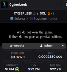 A screenshot of a cryptocurrency tracking page showing 'Cyberleek' (CYBERLEEK / SOL) with a price of $0.02170 (0.0002380 SOL), a market cap of $22.2M, and the note 'We do not own the games if they do not give us physical editions'.