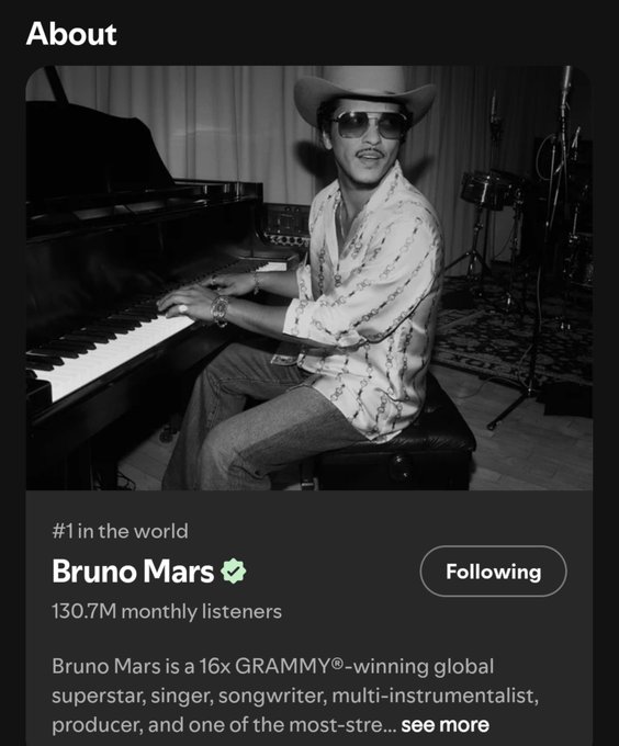 A Spotify 'About' page for Bruno Mars, showing a black-and-white photo of him at a piano wearing a cowboy hat, noting him as '#1 in the world' with '130.7M monthly listeners'.