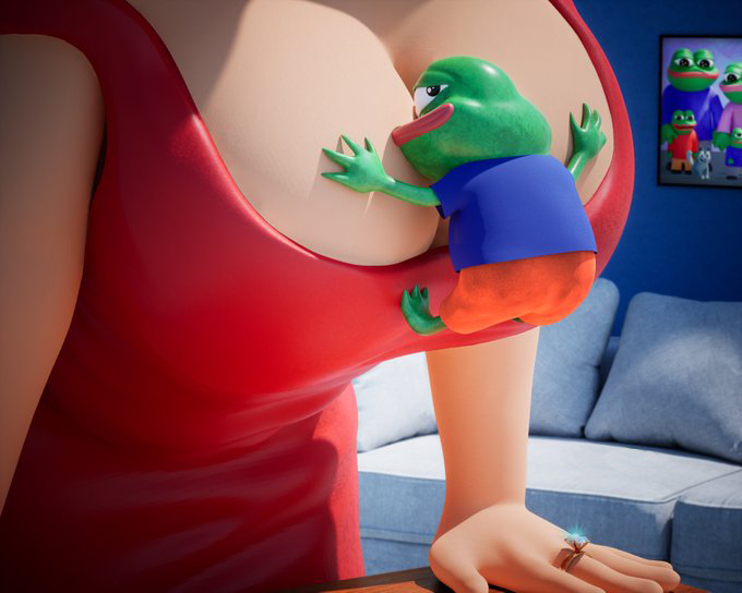 A 3D-rendered green Pepe the Frog character wearing a blue shirt and orange pants clings to a woman in a red dress in a living room setting, with a framed picture of additional Pepe characters visible on the wall behind them. This image appears to promote the @PepeExplorers NFT collection mentioned in the post, showcasing the frog mascot while the text announces a $2 mint price for collectors and WL (whitelist) updates.