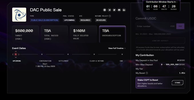 A 'DAC Public Sale' webpage displaying upcoming token sale details with a $600,000 target in USDC, $140M fully diluted value, and a contribution window countdown.