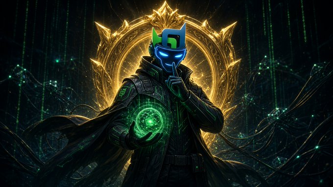 A digital illustration of a hooded figure wearing a glowing blue mask, holding a green magical orb, with a golden ornate portal or mandala behind them.