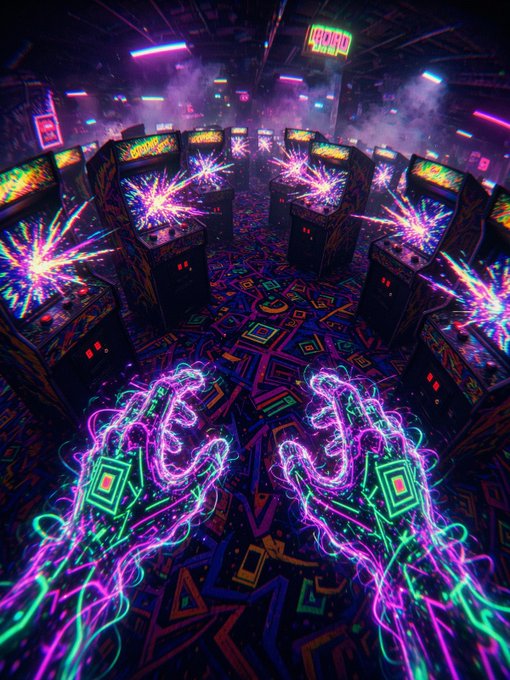 A vibrant neon-lit arcade scene featuring rows of arcade cabinets with glowing screens, set on a patterned carpet with neon hand-shaped graphics in the foreground.