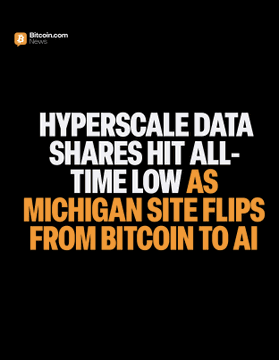 A Bitcoin.com News graphic with bold white and orange text on a black background reads: "HYPERSCALE DATA SHARES HIT ALL-TIME LOW AS MICHIGAN SITE FLIPS FROM BITCOIN TO AI," highlighting the company's strategic pivot away from Bitcoin mining toward AI infrastructure that could yield over $1.2B in revenue.