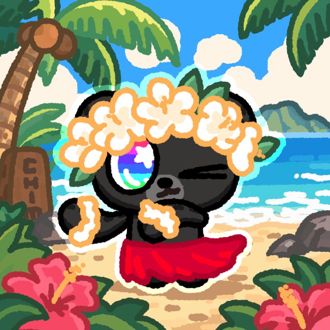 A cartoon illustration of a black bear character with popcorn-like hair and a red cape on a tropical beach, with a small glitch effect.