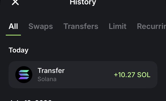 A cryptocurrency transaction history screen showing a 'Transfer' on the Solana network receiving +10.27 SOL today.
