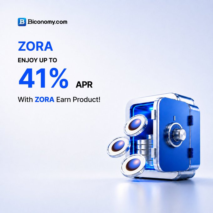 A Biconomy.com advertisement promoting ZORA Earn Product with up to 41% APR, featuring an open blue safe filled with coins.