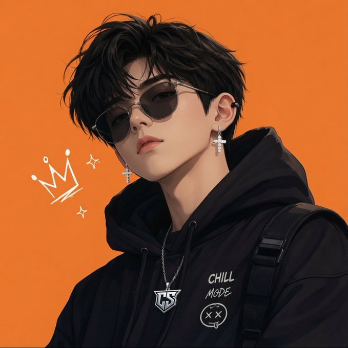 A stylized digital portrait of an anime-style young man with black hair, sunglasses, cross earrings, and a black hoodie with 'CHILL MODE' text, set against an orange background with a hand-drawn crown.
