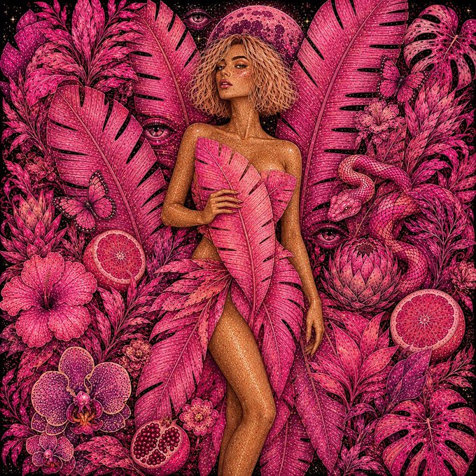 A vibrant, highly detailed illustration in shades of magenta and pink depicts a golden-skinned woman surrounded by large tropical leaves, flowers, butterflies, snakes, watching eyes, and sliced citrus fruits.
