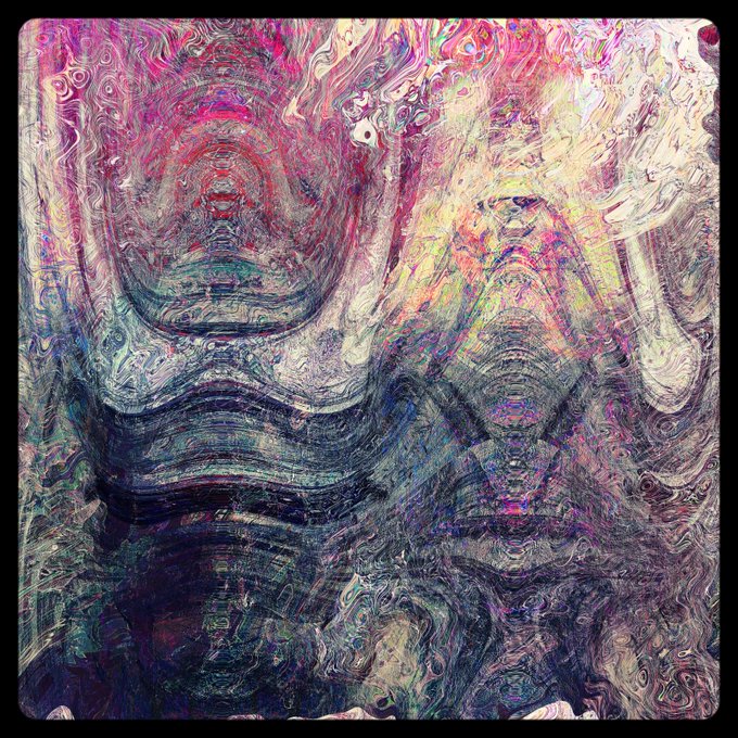 An abstract, heavily distorted digital image with swirling patterns in vibrant colors like pink, red, blue, and yellow, making the underlying subject nearly unrecognizable.