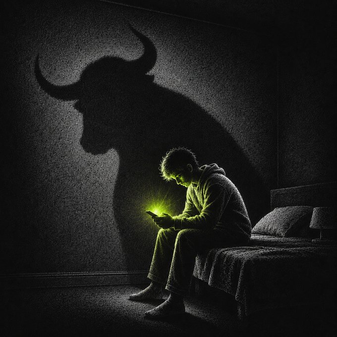 A person sits hunched on a bed in a dark room, illuminated by the glow of their phone, casting a looming horned bull shadow on the wall behind them—visually capturing the post's sentiment of being "quietly bullish until further notice," as the bullish silhouette emerges subtly from the dim stillness.