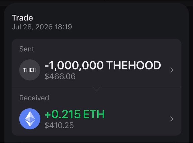 The image shows a transaction where 1,000,000 $THEHOOD tokens were sent for 0.215 ETH, indicating a successful trade from @TheHoodRH.