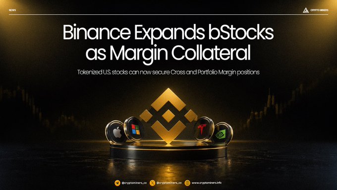 A news graphic from Crypto News titled 'Binance Expands bStocks as Margin Collateral,' stating tokenized U.S. stocks can now secure Cross and Portfolio Margin positions, featuring the Binance logo and stock ticker icons.