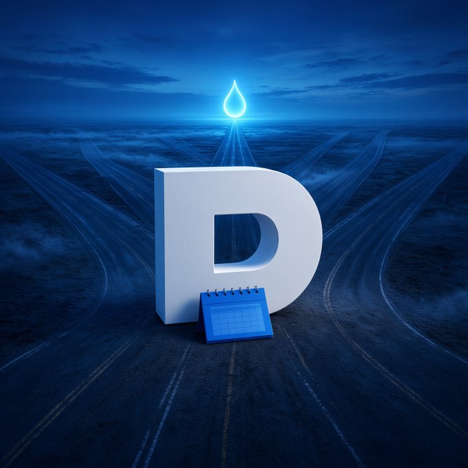 A surreal 3D image featuring a large white letter "D" with a glowing blue water drop above it and a small blue calendar in front, set on a dark road landscape.