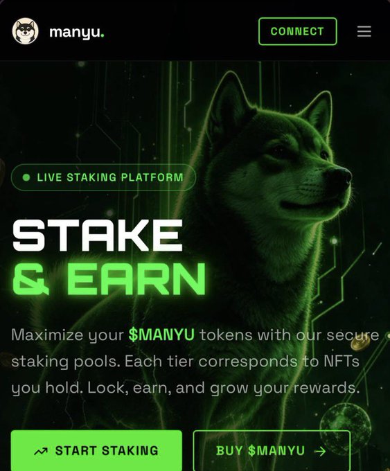 The image shows a website for a dApp called "MANYU fam" with green and black colors, which appears to be a platform for staking NFTs. The website has a green background that contrasts with the white text on the screen. On this page, there is information about maximizing your tokens using the staking pools available in the app. It also mentions new pools being added soon and how users can buy NFTs from the app. The post suggests that the app will release a new staking experience, which includes minting new pools and providing NFT staking opportunities to users.