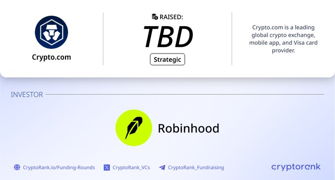 CryptoRank graphic showing Crypto.com's strategic funding round at a TBD valuation with Robinhood as the listed investor, highlighting Crypto.com as a leading global crypto exchange, mobile app, and Visa card provider.