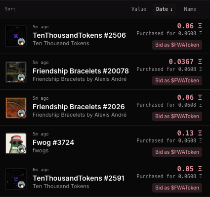 A marketplace listing showing recent purchases for various NFT art pieces, including 'TenThousandTokens', 'Friendship Bracelets', and 'Fwog', with bid buttons labeled 'Bid as $FWAToken'.
