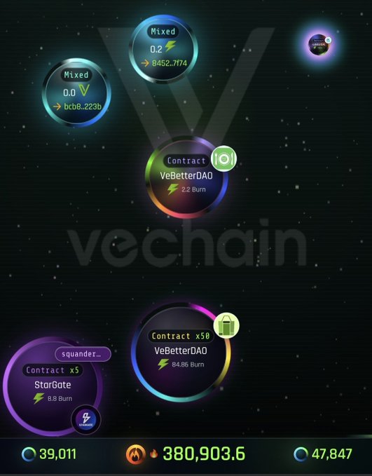 VeChain wallet/dashboard visualization showing contracts including VeBetterDAO (2.2 Burn and 84.86 Burn) and Stargate (8.8 Burn), with a VET balance of 380,903.6 displayed at the bottom.