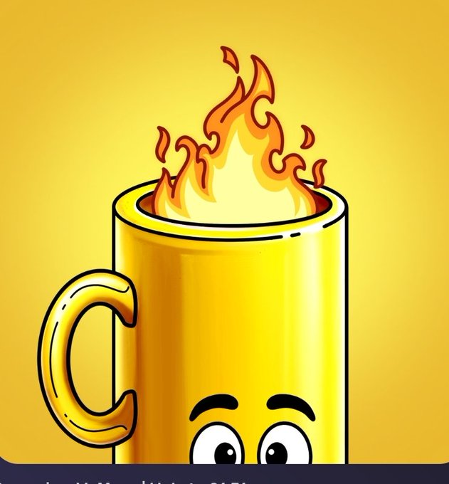 A cartoon illustration of a yellow mug with a face, containing fire where the drink should be, set against a yellow background.