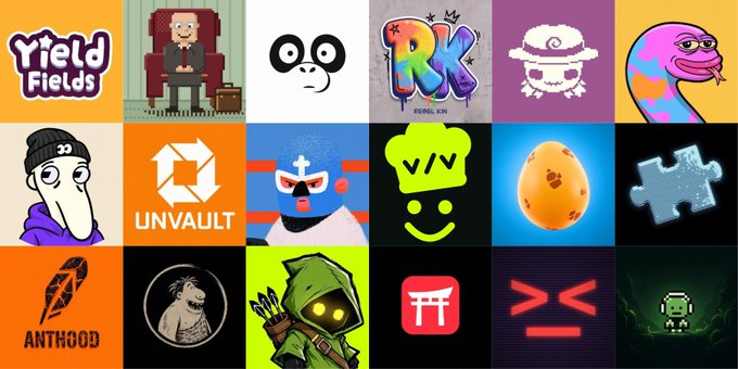 A grid collage of 18 colorful square NFT/digital art avatars with various designs including characters, logos, and illustrations like "Yield Fields", "UNVAULT", and "RK".