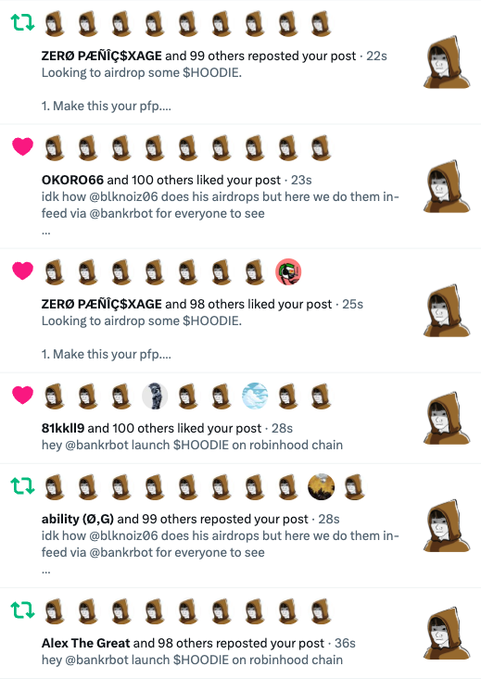 A social media feed showing notifications of reposts and likes from accounts including 'ZERO PÆNIC$XAGE,' 'OKORO66,' '81kkl19,' 'ability (0,G),' and 'Alex The Great,' with messages mentioning '$HOODIE' airdrops and '@bankrbot' on robinhood chain.