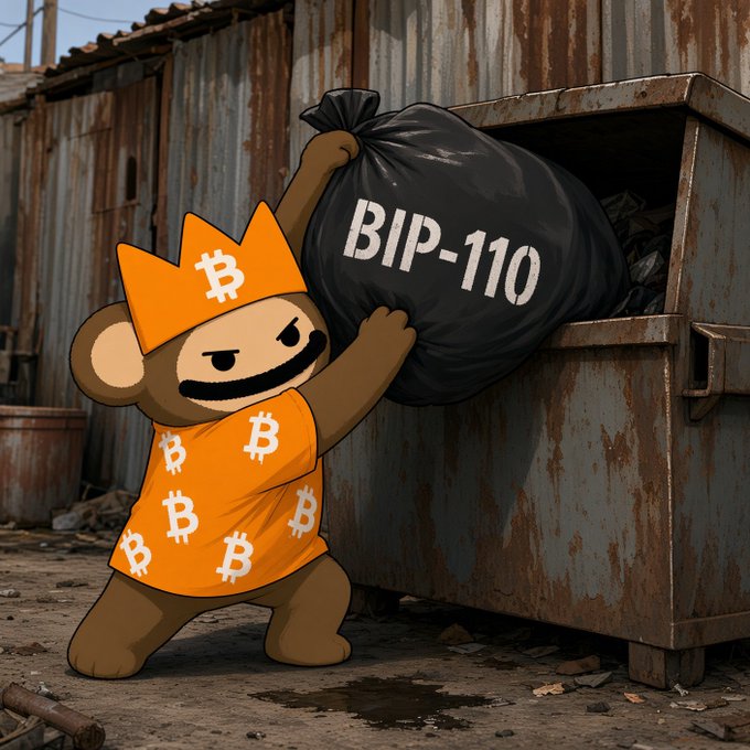 An illustration of a cartoon monkey wearing a Bitcoin-themed orange shirt and crown, tossing a black trash bag labeled 'BIP-110' into a rusty dumpster.