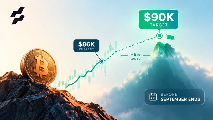 A promotional graphic for a Bitcoin price target showing $86K current price approximately 5% away from a $90K target before September ends, with a physical Bitcoin resting on a mountain peak.