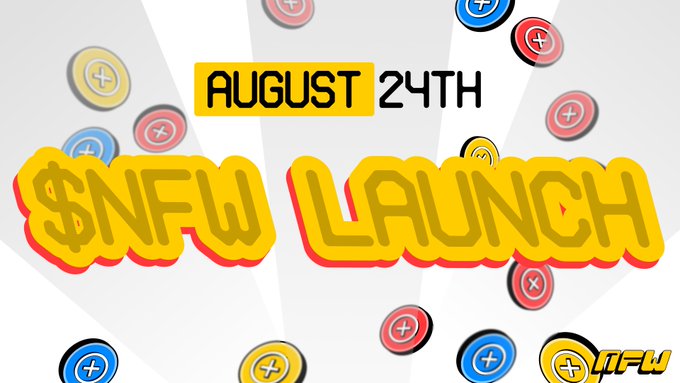 A promotional graphic with text reading 'AUGUST 24TH' and '$NFW LAUNCH' surrounded by colorful plus and x button icons on a light background.