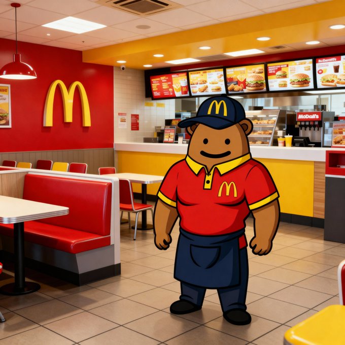 A cartoon bear mascot in a red McDonald's uniform shirt and blue cap stands inside a McDonald's restaurant with the iconic golden arches visible on the wall.