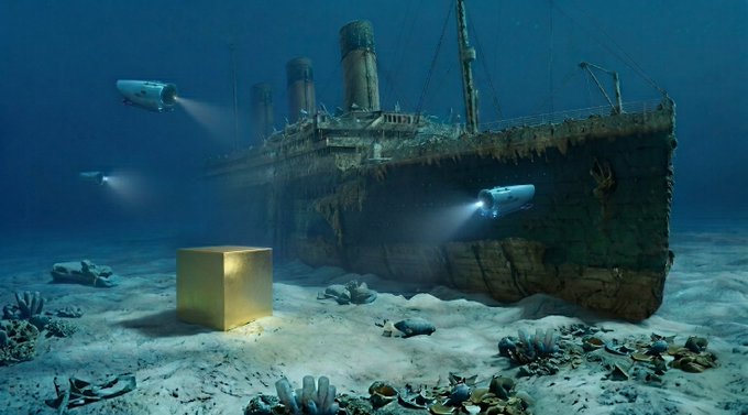 The image features an underwater scene of a large shipwreck, surrounded by water and featuring three flying robots. The ship appears to be made of metal or wood, with two large towers on top and one smaller tower at the rear. The robots are floating in front of the ship, possibly exploring its remains from above. In the background, there is a small gold cube that seems out of place among the wreckage.