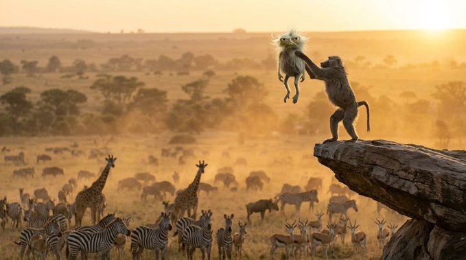A stylized savanna scene at sunset with a baboon holding up a white lion cub on a rocky outcrop, while zebras, giraffes, and other animals gather below in a dust-filled plain.