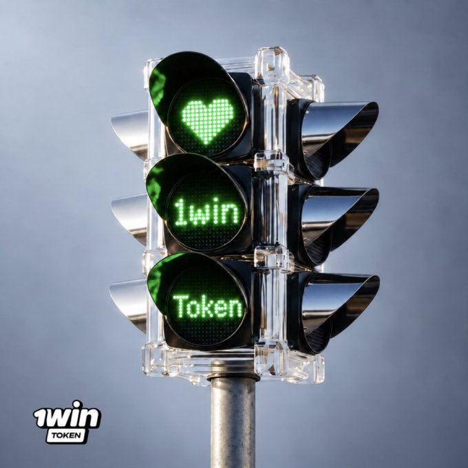A traffic light displays a glowing green heart above "1win" and "Token" in bright LED text, with the 1win Token logo in the corner—visually symbolizing a "green light" of approval and transparency for the 1win Token project.
