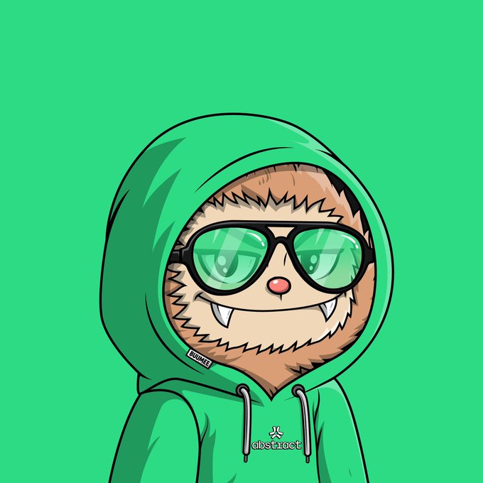 A cartoon character in a green hoodie with sunglasses grins playfully, with "ABSTRACT" text visible on the chest, matching the post's green color theme celebrating @AbstractChain. The monochromatic green background and character styling reinforce the "touching grass" weekend vibe.