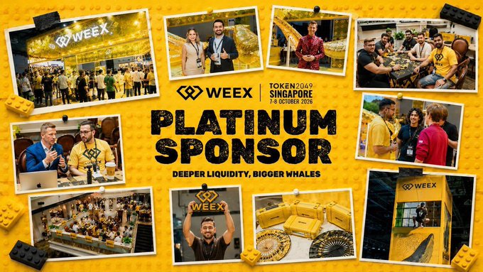 A promotional collage on a yellow LEGO-themed background announces WEEX as a Platinum Sponsor of TOKEN2049 Singapore on 7-8 October 2026, featuring photos of crowds, attendees, panelists, and event setups surrounding the central text "WEEX TOKEN2049 SINGAPORE 7-8 OCTOBER 2026 PLATINUM SPONSOR - DEEPER LIQUIDITY, BIGGER WHALES."