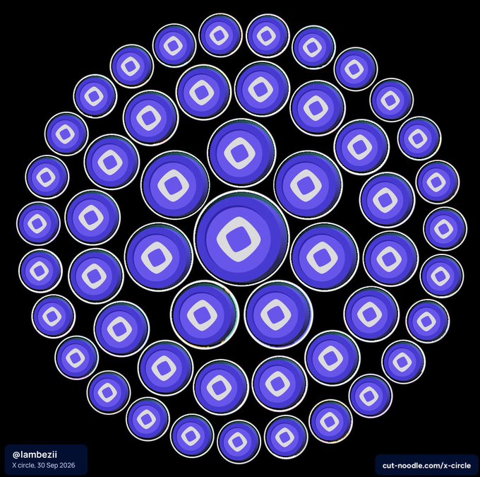 A circular mandala pattern made of concentric circles with a purple coin/token design featuring a square center, credited to @lambezii on 30 Sep 2026.