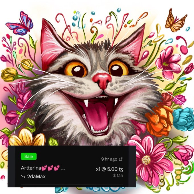 A colorful illustrated cat with an open mouth surrounded by flowers and butterflies, with a sale listing showing 'Artterina' by '2daMax' priced at 5.00ẗ ($1.15).