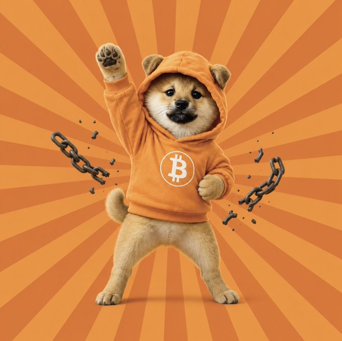 A Shiba Inu dog wearing an orange Bitcoin hoodie stands with one paw raised triumphantly against an orange sunburst background, with broken chains flying off on either side.