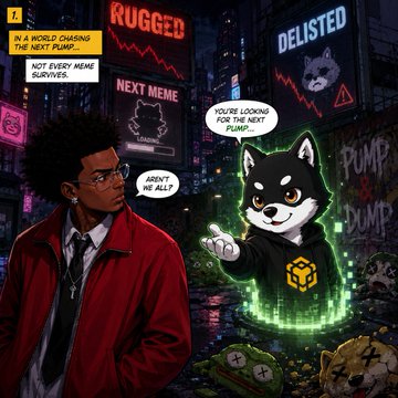 A comic-style illustration titled 'IN A WORLD CHASING THE NEXT PUMP' featuring a man in a red coat talking to a ghostly Shiba Inu dog in a hoodie, with speech bubbles reading 'NOT EVERY MEME SURVIVES', 'NEXT MEME', 'YOU'RE LOOKING FOR THE NEXT PUMP...', and 'AREN'T WE ALL?', with background signs reading 'RUGGED', 'DELISTED', 'PUMP', and 'DUMP'.