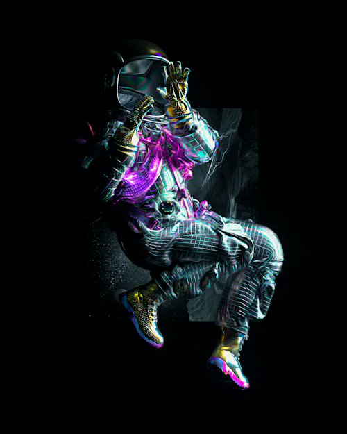 A vibrant digital artwork depicts a seated figure in a futuristic iridescent suit with purple and gold accents against a black background, with a metallic skull-like face covering.