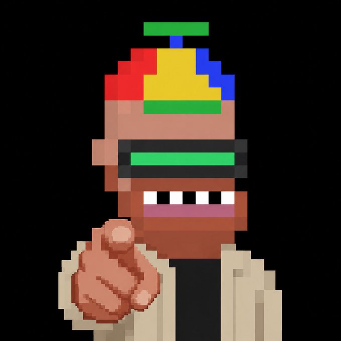 A pixel art character with brown skin, wearing green and black shutter shades and a colorful propeller hat, pointing a finger forward against a black background.