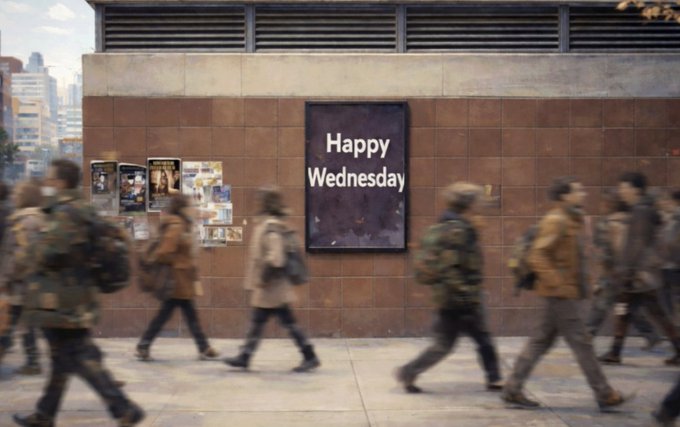 Blurred figures of pedestrians walk past a tiled wall displaying a black poster that reads 'Happy Wednesday'.